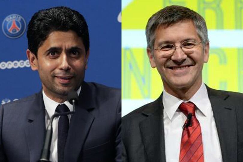 El presidente del PSG, Nasser Al-Khelaifi, y su colega del Bayern Múnich, Herbert Hainer.