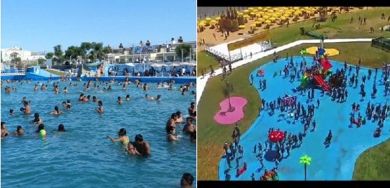 Una de las piletas construidas por la Tupac en Jujuy y la alfombra-pileta del gobierno porteño.