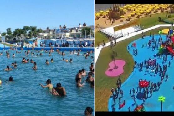 Una de las piletas construidas por la Tupac en Jujuy y la alfombra-pileta del gobierno porteño.