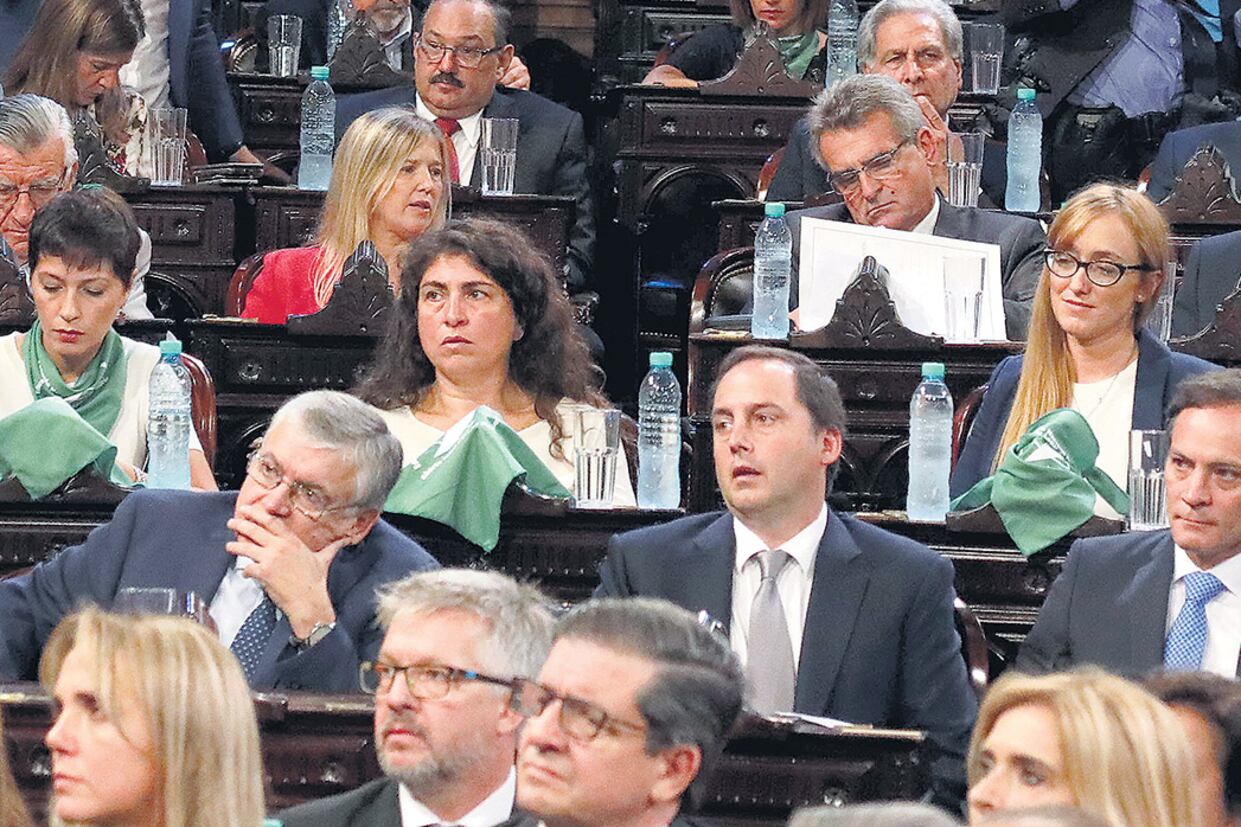 Muchas legisladoras llevaron pañuelos verdes y otras llevaron carteles para apoyar la despenalización del aborto.