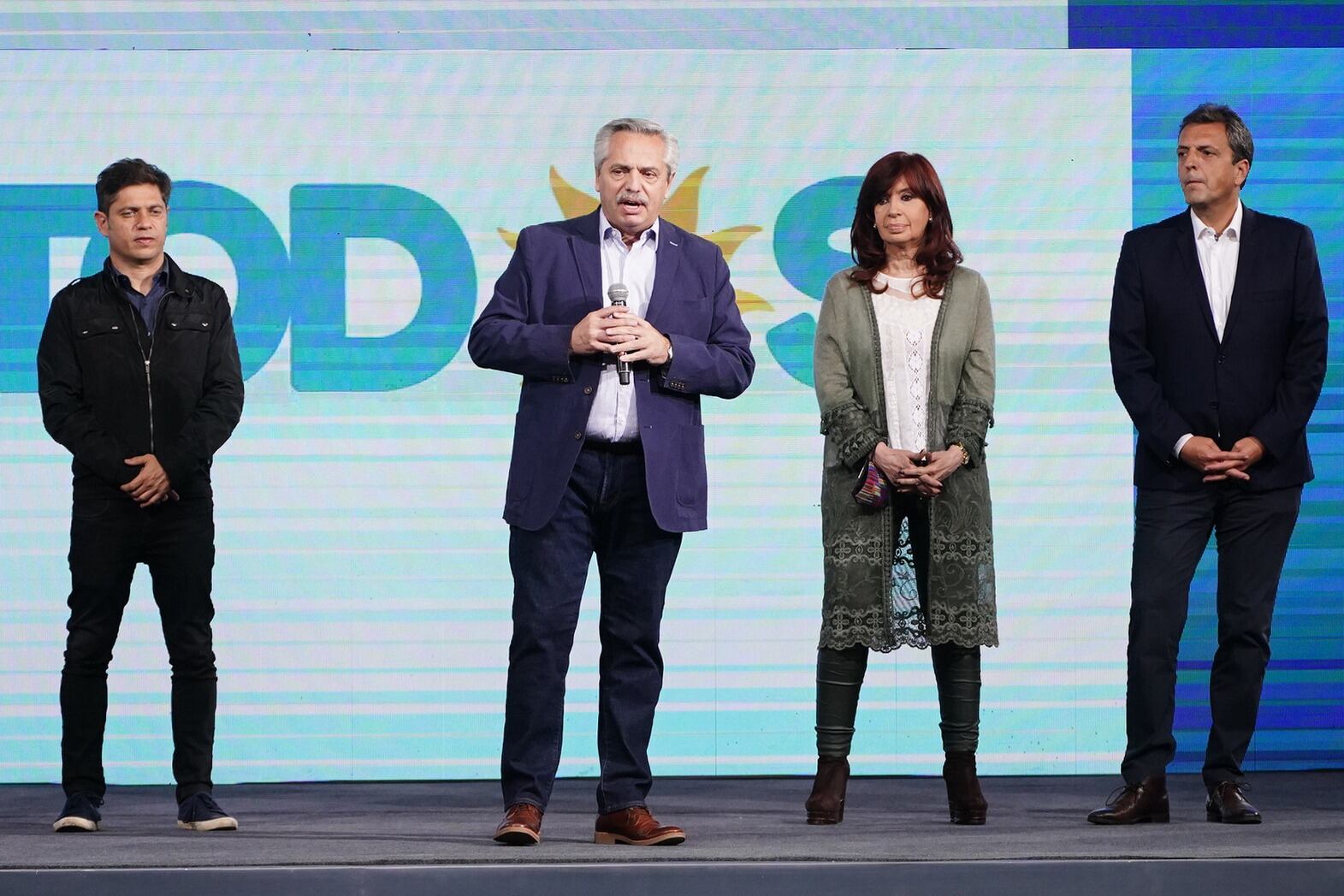 Axel Kicillof, Alberto Fernández, Cristina Fernández de Kirchner y Sergio Massa, seguros participantes de la mesa política del FdT.