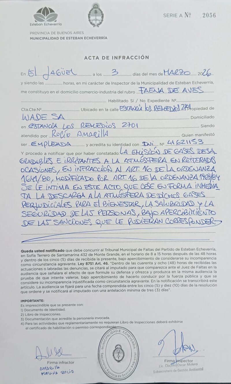 Acta de infracción labrada por el Municipio de Esteban Echeverría contra la planta de Cresta Roja.