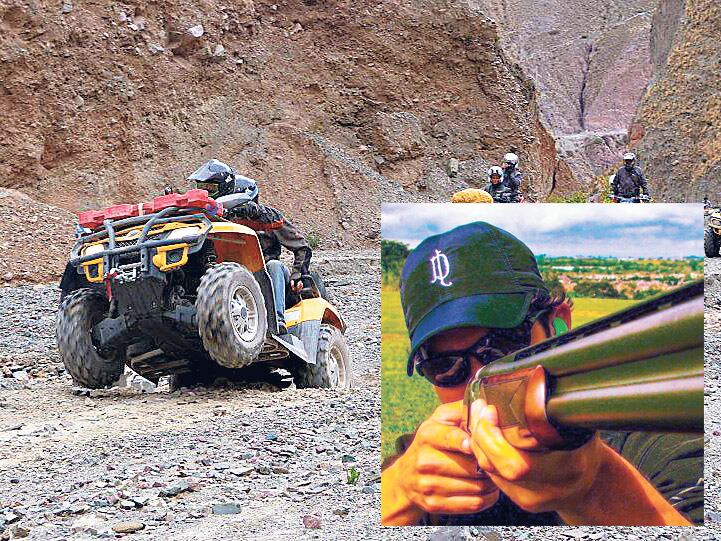 Gonzalo Morales en su cuatriciclo y apuntando con su escopeta. Sana diversión en compañía de un periodista del amistoso diario La Nación.