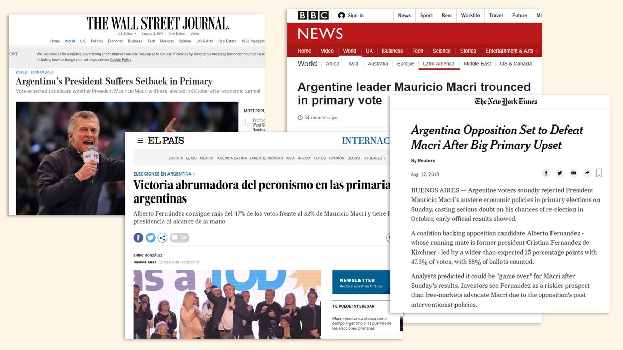 Los diarios extranjeros reflejaron con amplias coberturas los resultados de las elecciones primarias. 