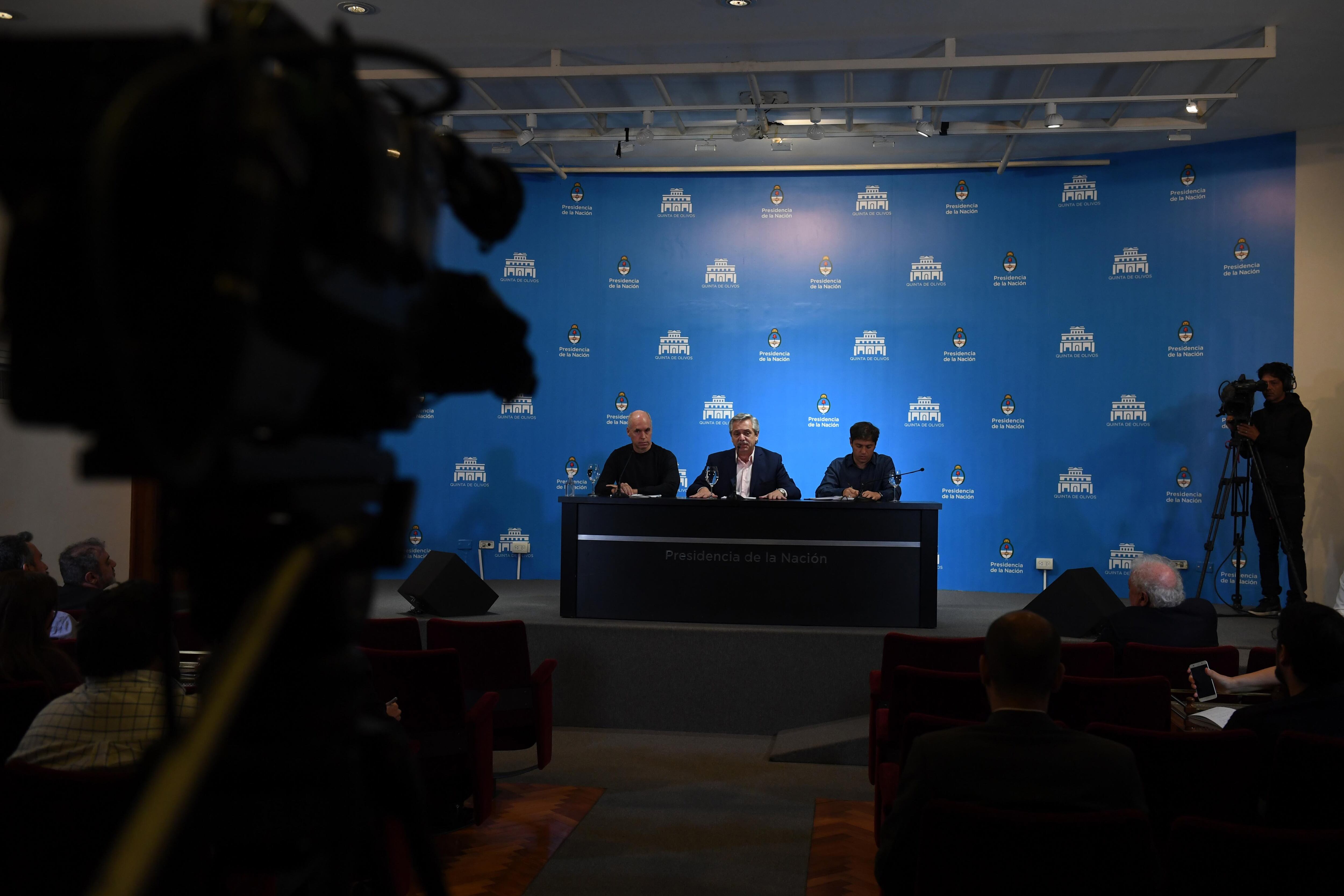 La conferencia de prensa del presidente, junto a Horacio Rodríguez Larreta y Axel Kicillof.