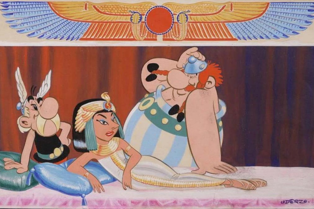 Astérix, Cleopatra y Obélix, el dibujo de portada del album de 1963.
