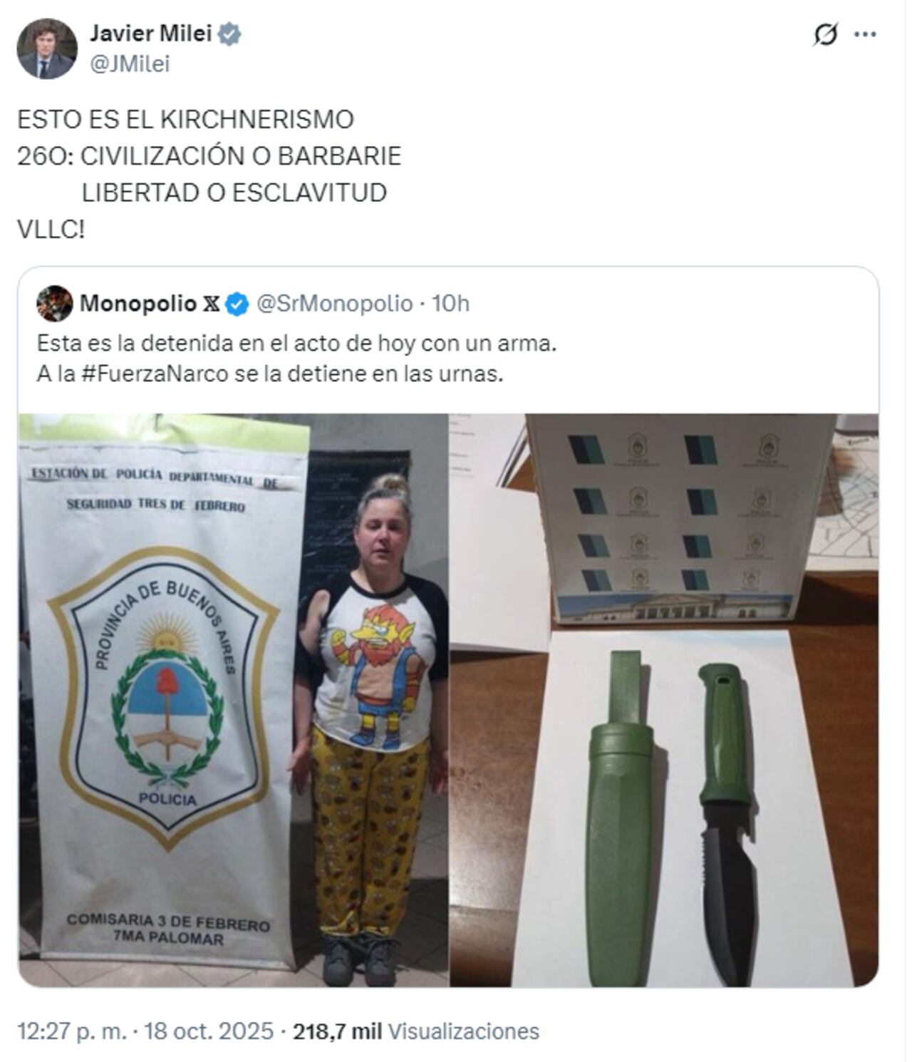 El tuit de Milei, disociado de la realidad. 