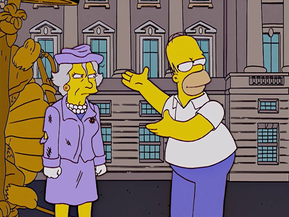 La reina Isabel II en un capítulo de Los Simpson junto a Homero. En total, apareció tres veces en la serie.