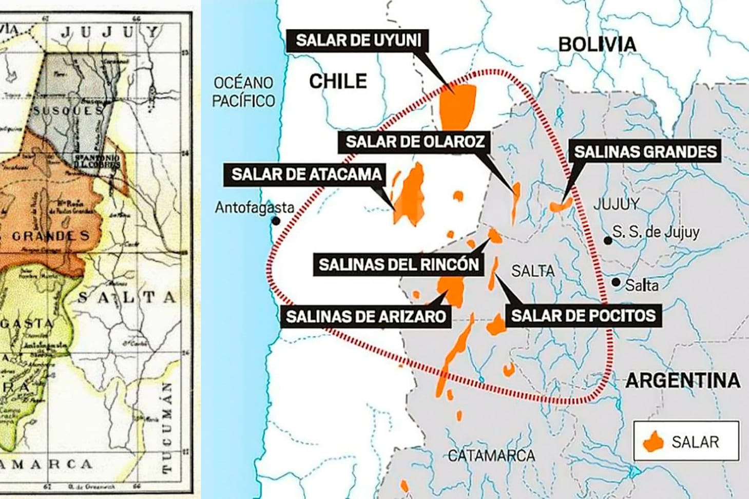 El viejo mapa del Territorio de Los Andes y el triángulo del litio.