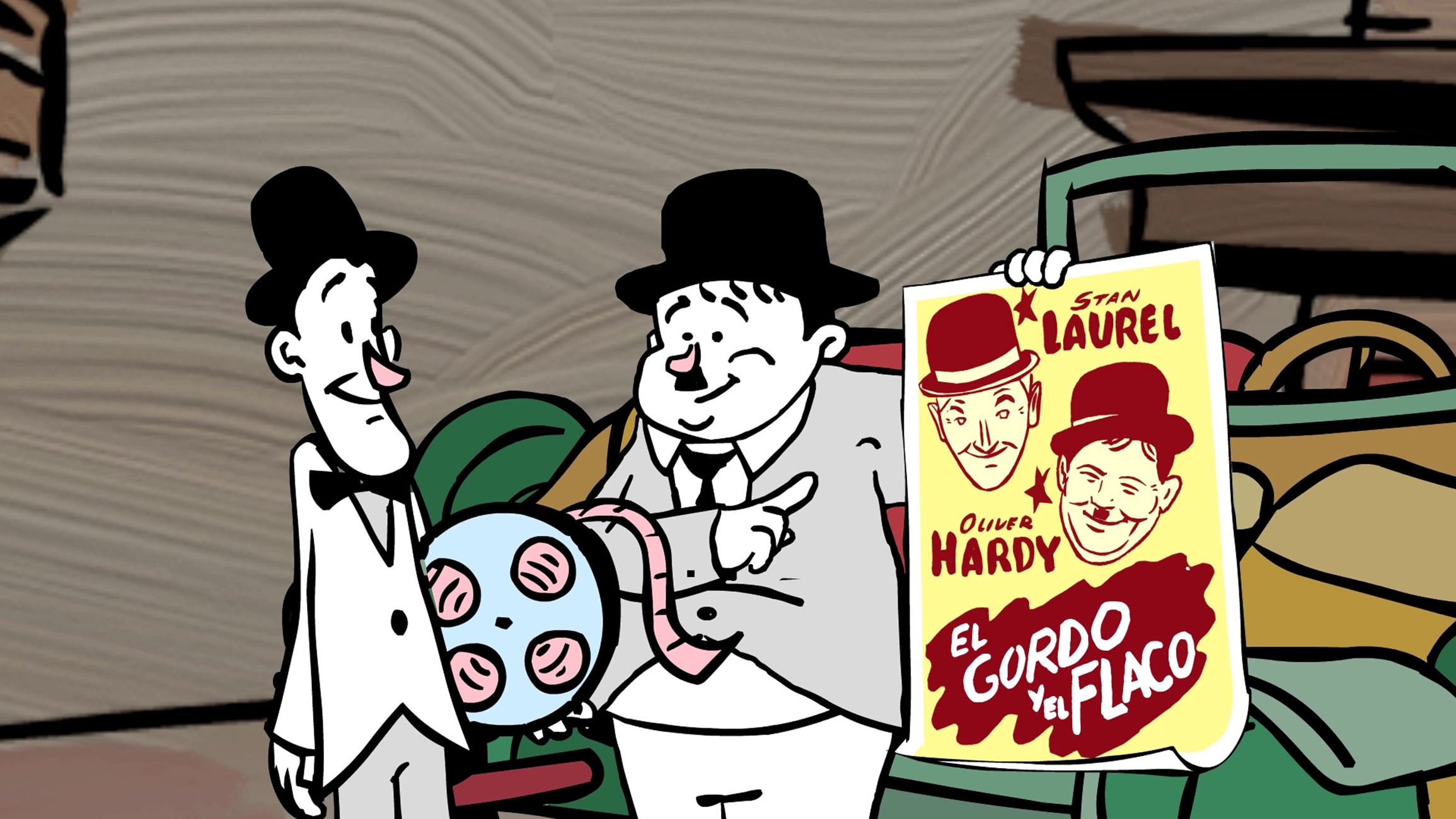 Laurel y Hardy, rosarinizados para recorrer la ciudad como guías del viejo circuito de cines.