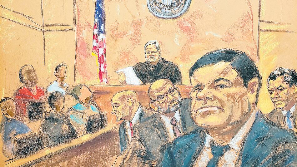 Una ilustración del Chapo Guzmán, vestido de traje, durante la lectura de la sentencia del jurado.