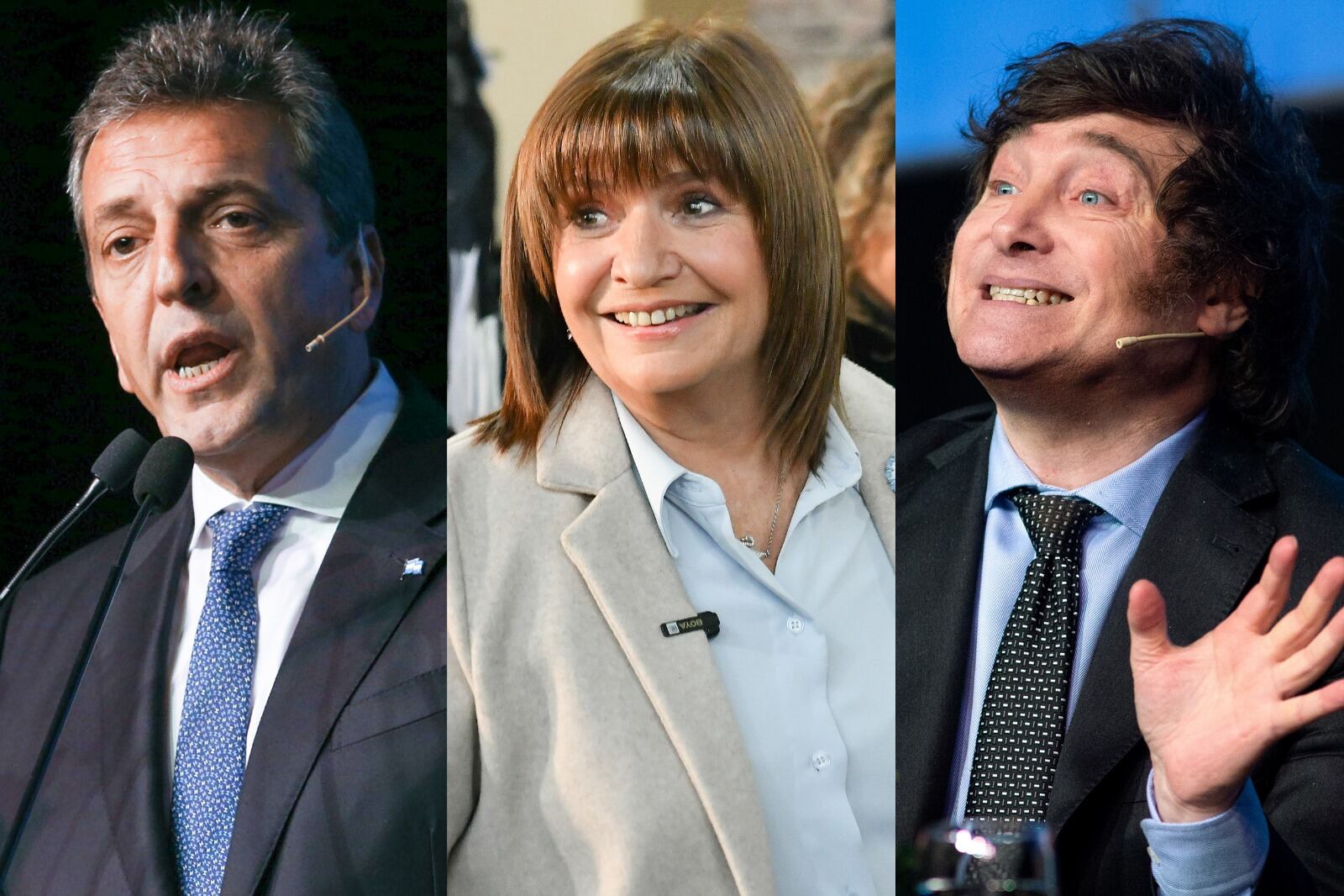 Candidatos Sergio Massa, Patricia Bullrich y Javier Milei.