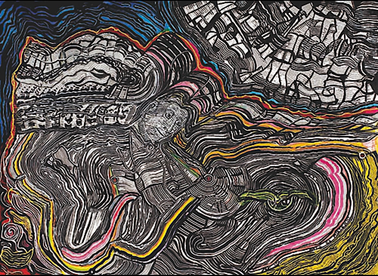 "Ante el misterio", pintura de “Yuyo” Noé que fue robada y recuperada en 2015. Abajo: Portada del libro