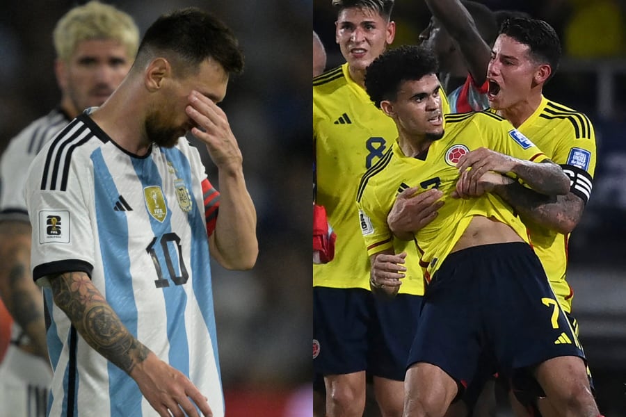 Lionel Messi se lamenta en la derrota ante Uruguay. Luis Díaz y James Rodríguez festejan en la victoria vs Brasil
