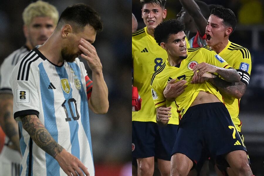 Lionel Messi se lamenta en la derrota ante Uruguay. Luis Díaz y James Rodríguez festejan en la victoria vs Brasil