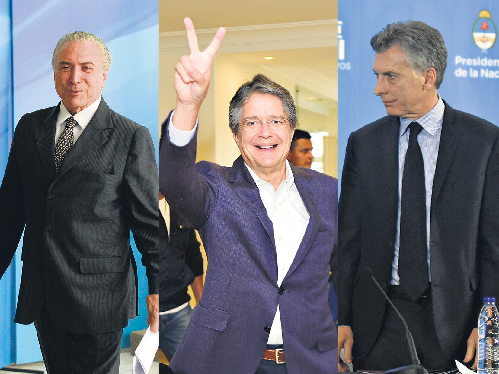 Michel Temer, Guillermo Lasso, candidato a presidente de Ecuador, y Mauricio Macri.