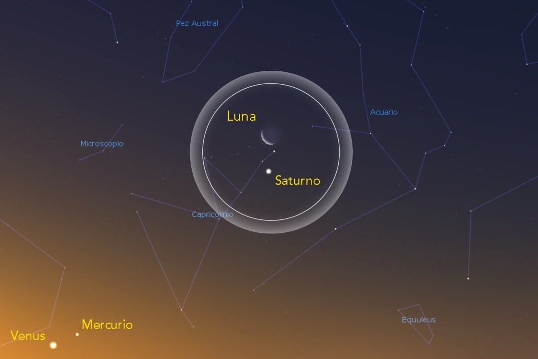 La Luna, Mercurio, Saturno y Venus estarán "juntos" esta noche. Imagen: Planetario Galileo Galilei. 