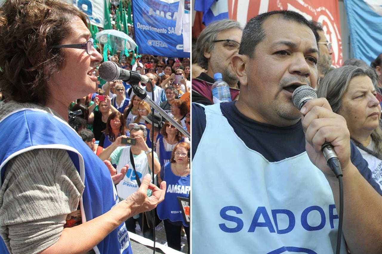 Sonia Alesso, de Amsafe provincial, y Martín Lucero, de Sadop Rosario.