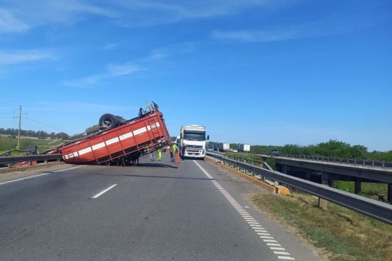 Así quedó el camión jaula, en plena ruta 9. Imagen: La Opinión.