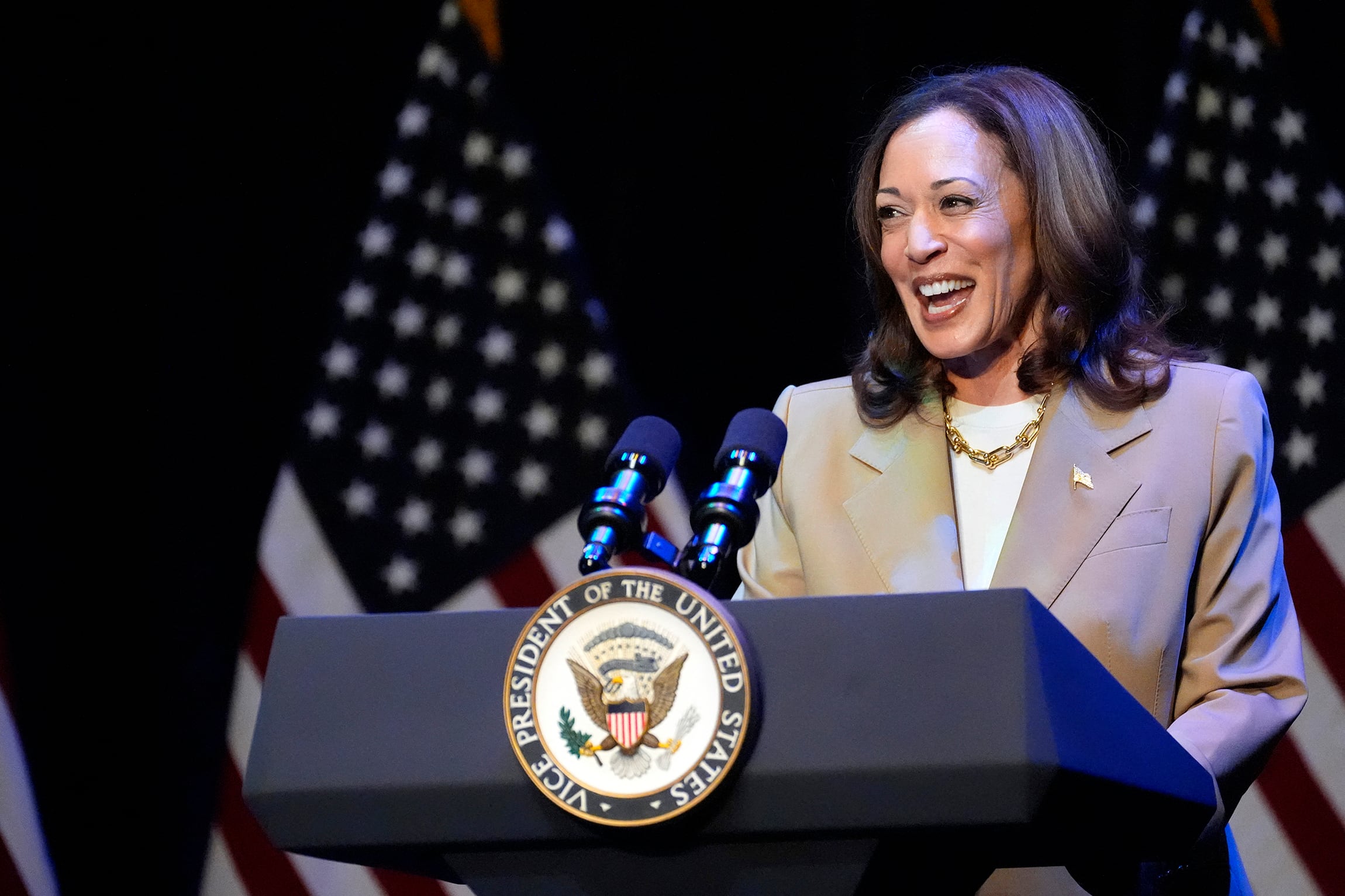 Kamala Harris habla en un evento de campaña en Massachusetts.