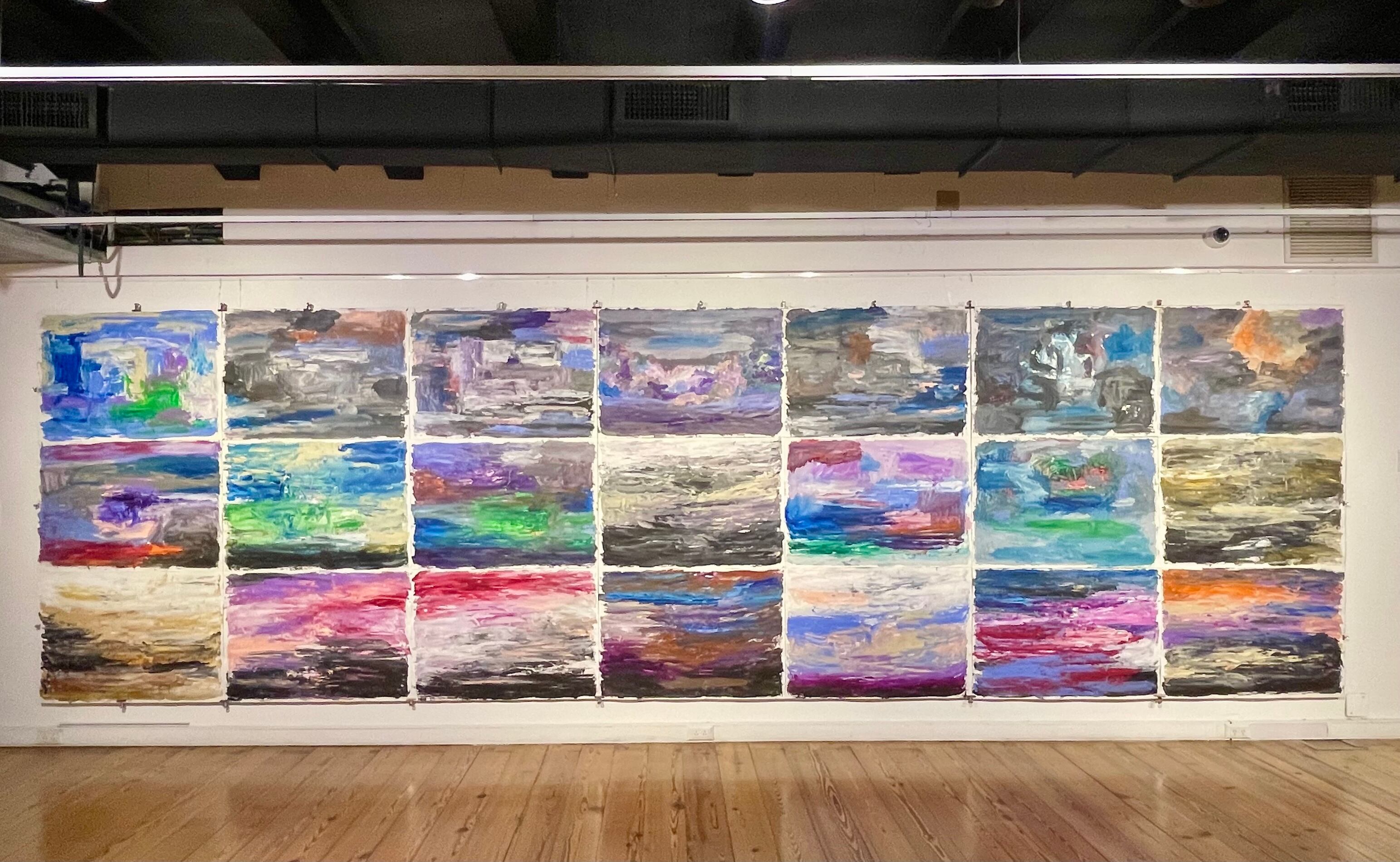 Políptico de Eduardo Stupia; acrílico s/papel, 2015. Cada pieza: 100 x 70 cm. Abajo: Otro políptico de Stupia; 9 piezas de 50x60; 2015-2024.