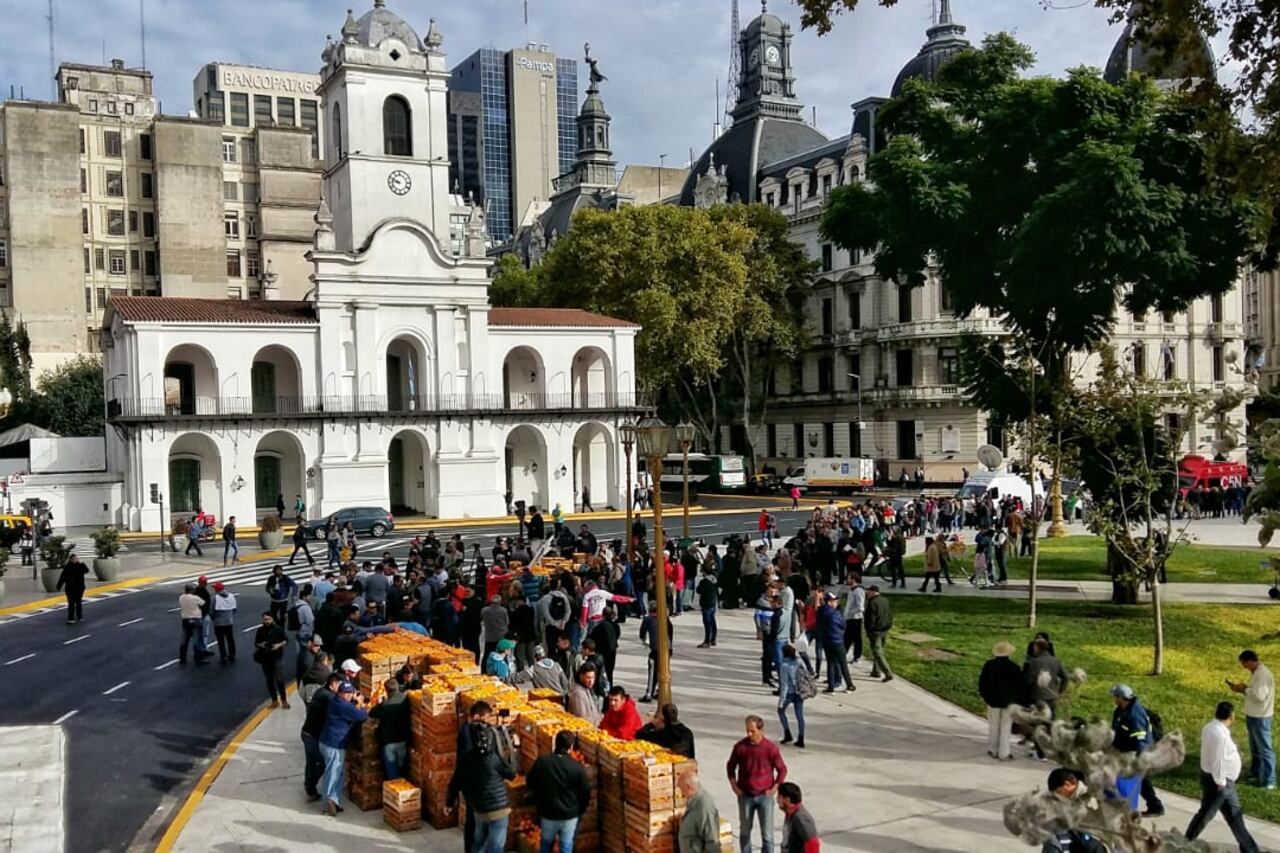 Los productores de fruta repartieron hasta 20 mil kilos de manzanas, peras, naranjas y mandarinas en la Plaza de Mayo.