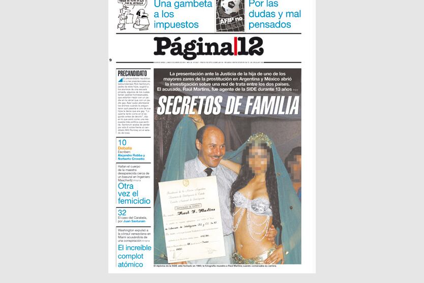 La tapa de Página/12 del 12 de enero de 2012 con la denuncia de Lorena Martins.