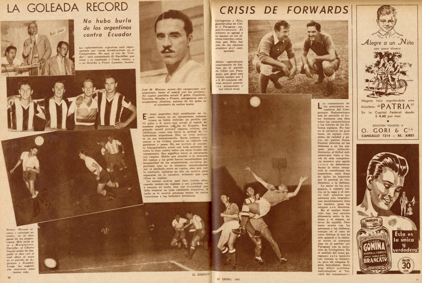 La cobertura de El Gráfico del 12 a 0 de 1942. En las fotos de la par, el cabezazo del Charro Moreno y el "shot" del Chueco García