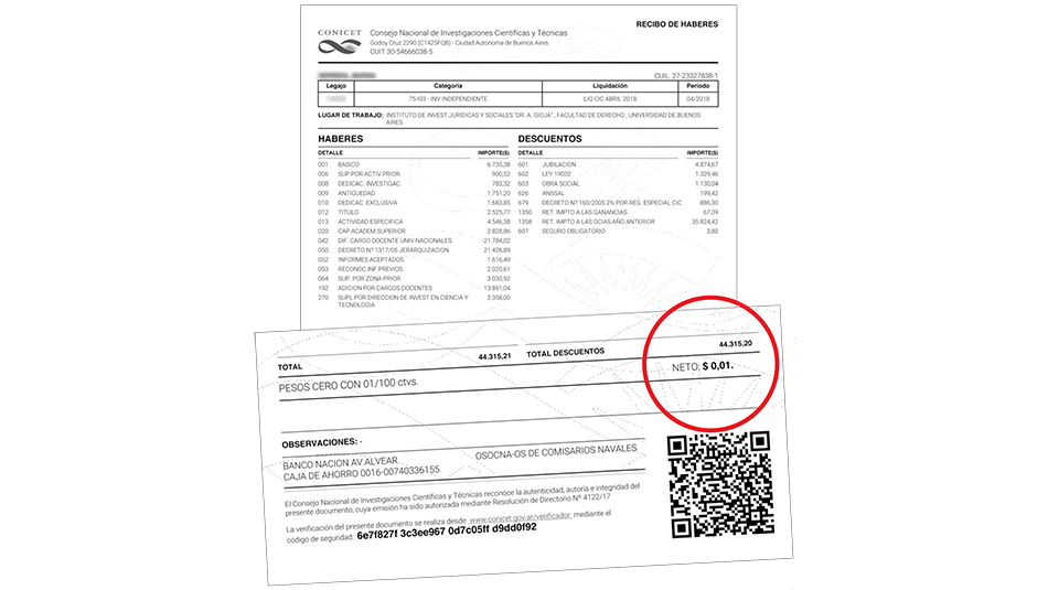 Imagen de un recibo de abril: un investigador independiente cobra 1 centavo.