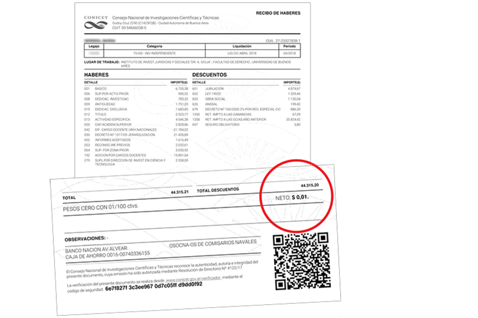 Imagen de un recibo de abril: un investigador independiente cobra 1 centavo.