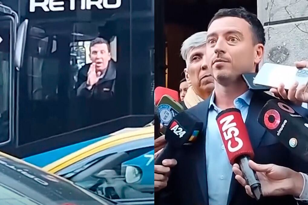 De Loredo y el colectivero, en el momento del cruce.