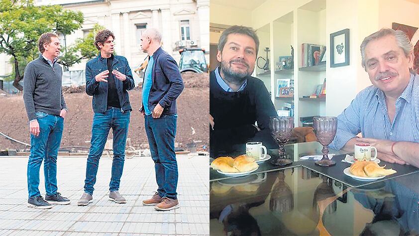 Santilli, Lousteau y Rodríguez Larreta, ayer en Plaza Houssay. Matías Lammens y Alberto Fernández, tomando el café de la unidad.