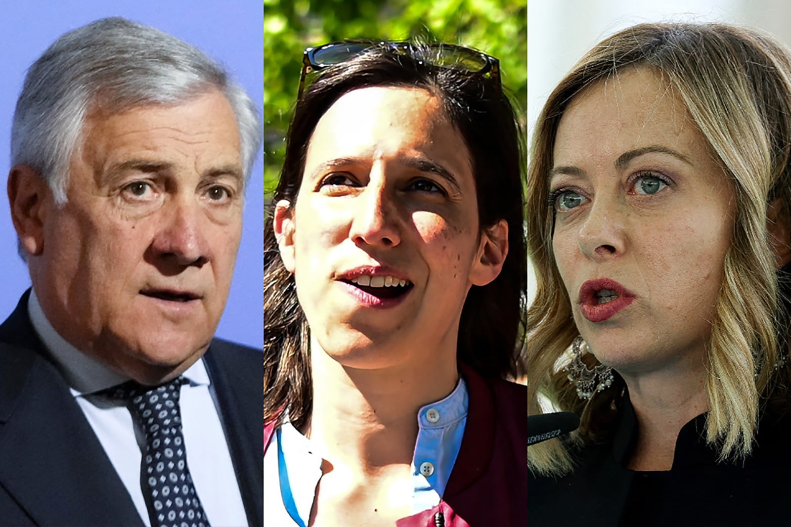 Antonio Tajani, Elly Schlein y Giorgia Melon.