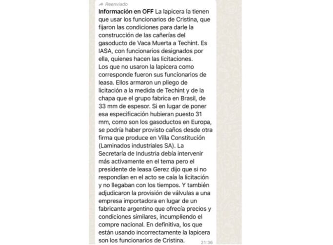 El mensaje de WhatsApp que compartió la secretaría de Energía y que atribuyeron a funcionarios del Ministerio de Desarrollo Productivo.