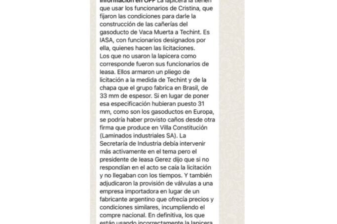 El mensaje de WhatsApp que compartió la secretaría de Energía y que atribuyeron a funcionarios del Ministerio de Desarrollo Productivo.