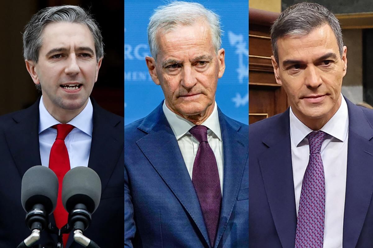 Simon Harris,Primer Ministro de Irlanda, Jonas Gahr, Primer Ministro de Noruega y Pedro Sánchez, presidente de España.