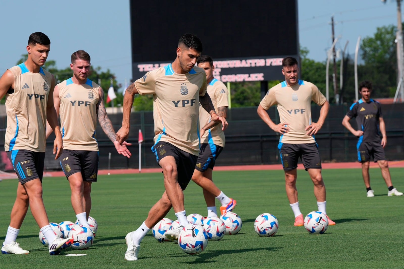Palacios maneja la pelota ante la mirada de Carboni, Mac Allister y Tagliafico