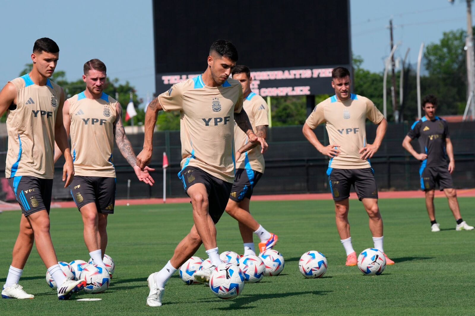 Palacios maneja la pelota ante la mirada de Carboni, Mac Allister y Tagliafico