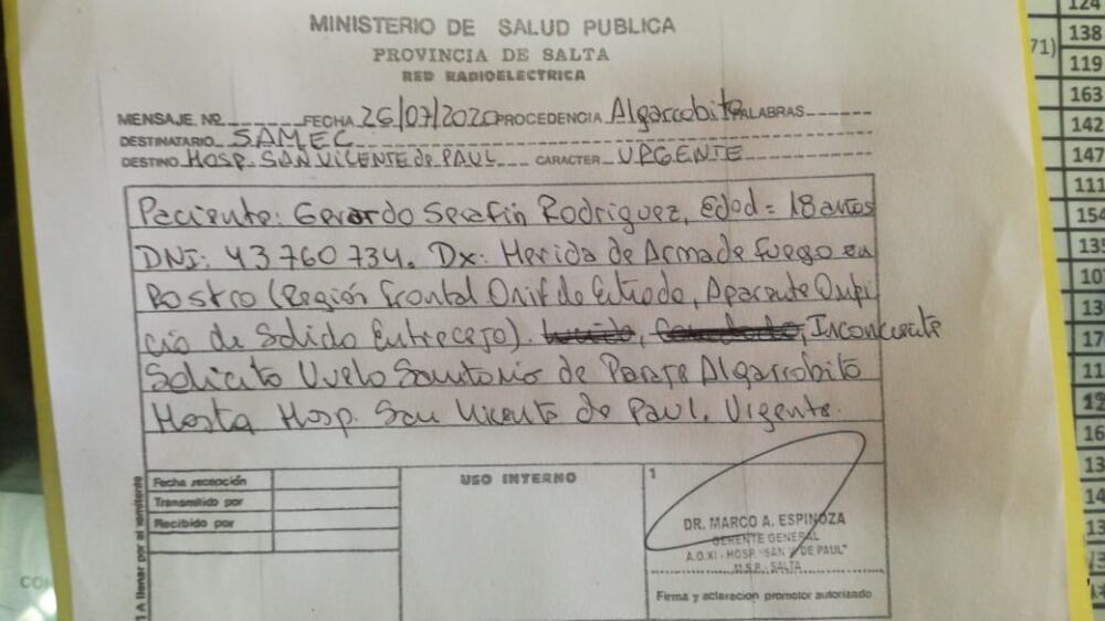 El pedido de vuelo sanitario se tuvo que hacer desde Orán