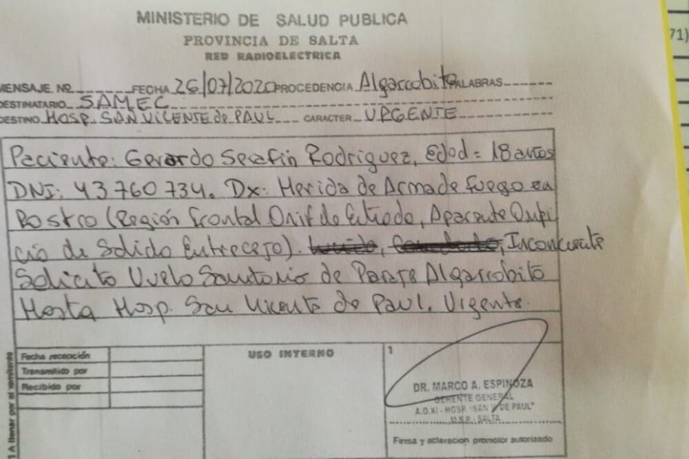 El pedido de vuelo sanitario se tuvo que hacer desde Orán
