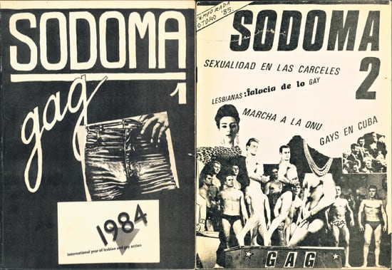 La revista Sodoma, publicada por el GAG (Grupo de Acción Gay), tuvo sólo dos números. El primero, con tapa de Jorge Gumier Maier, del otoño de 1984, y el segundo, con tapa de Marcelo Pombo, del otoño de 1985.