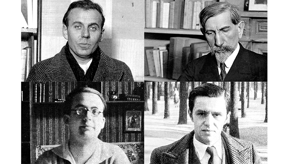 Céline (arriba izq.), Maurras (arriba der.), Brasillach (abajo izq.) y Rebatet (abajo der.), los nombres del auge de la literatura fascista en Francia.