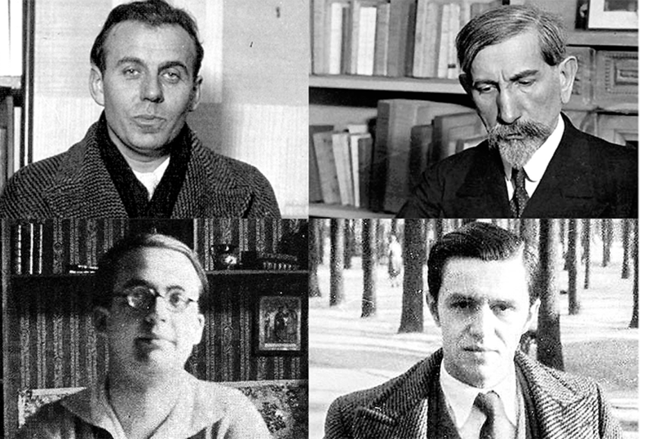 Céline (arriba izq.), Maurras (arriba der.), Brasillach (abajo izq.) y Rebatet (abajo der.), los nombres del auge de la literatura fascista en Francia.
