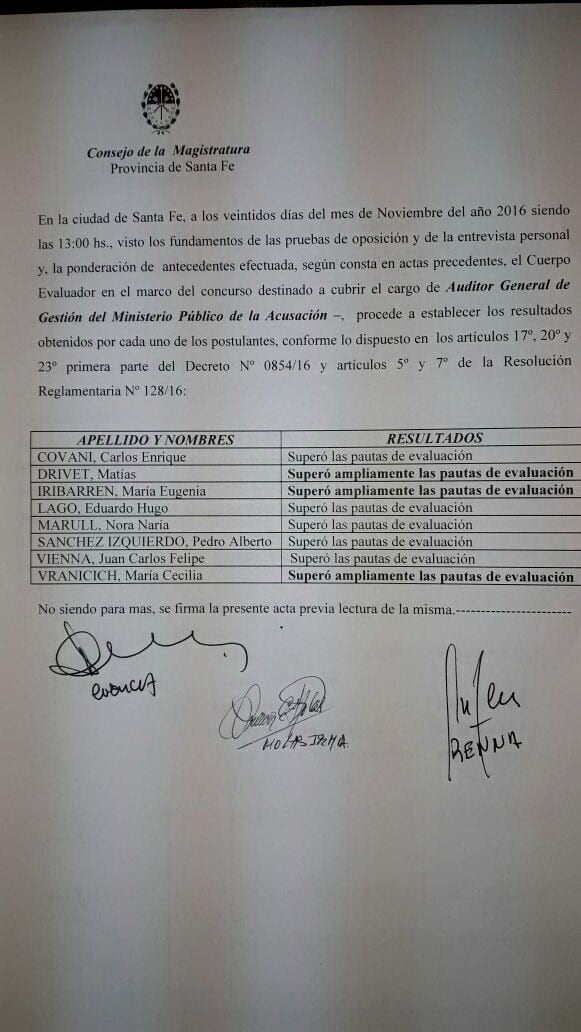 Facsímil del resultado del concurso para auditor de fiscales.