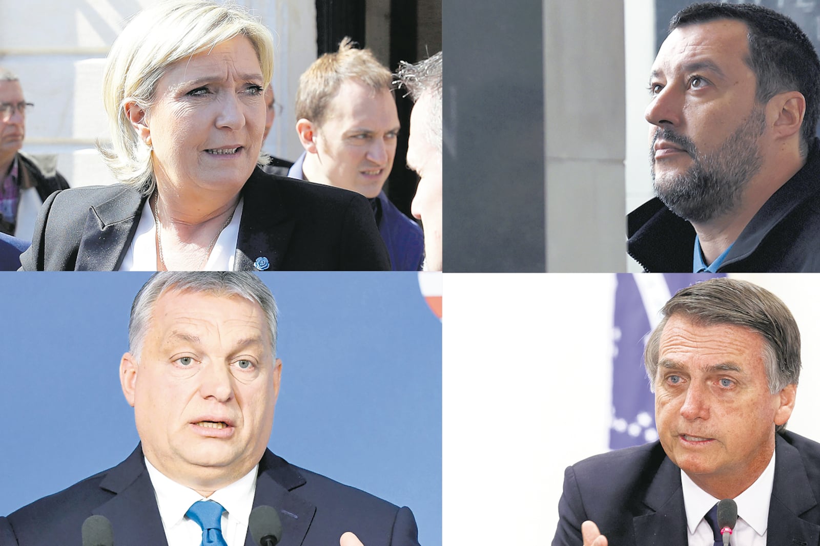 De izq. a der. arriba: Marine Le Pen y Matteo Salvini; abajo: Victor Orban y Jair Bolsonaro.