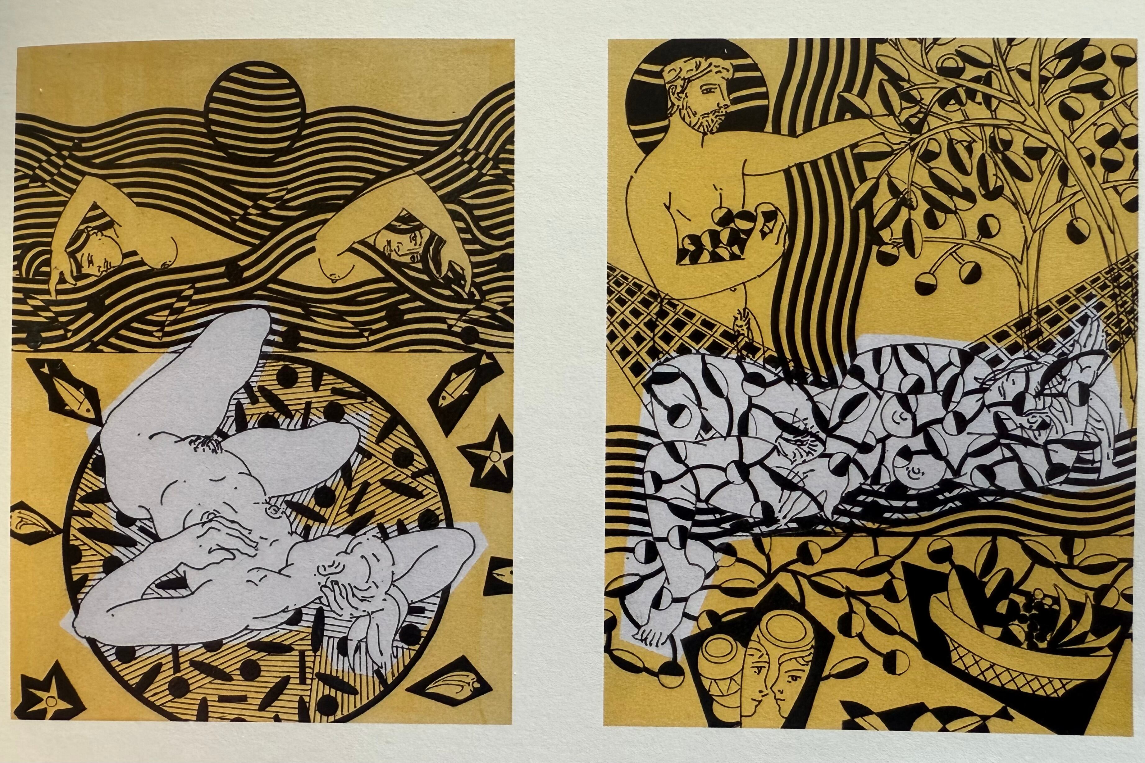 Dos tintas -y acuarela- sobre papel (35x25 cm) de la serie Erótica (2007-2023), de E.Pesce. Abajo: Tinta s/papel de la serie Chicas de la calle (2003 - guía Filcar intervenida), de E.Pesce.