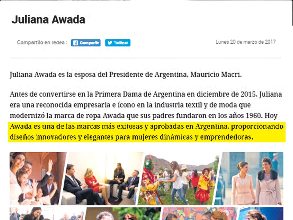 La publicidad que hacen de la marca Awada en la página web de la Presidencia.