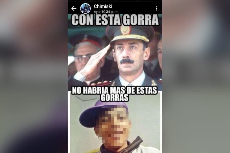 El meme que Chimiski publicó en su teléfono celular. (N. de R.: Página/12 tomó el recaudo de no exponer al menor en la imagen como sí lo hizo el jefe policial misionero).