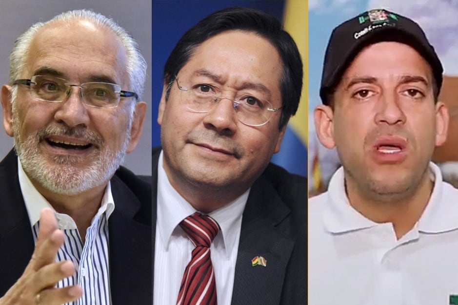 Luis Arce (centro), líder en las encuestas, debatió con sies candidatos incluyendo Carlos Mesa (izq.) y Luis Camacho