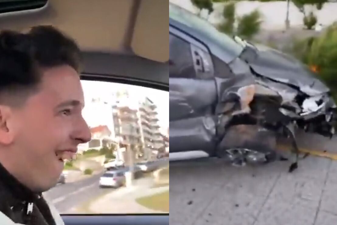 El conductor, segundos antes del choque. Así quedó el auto. 